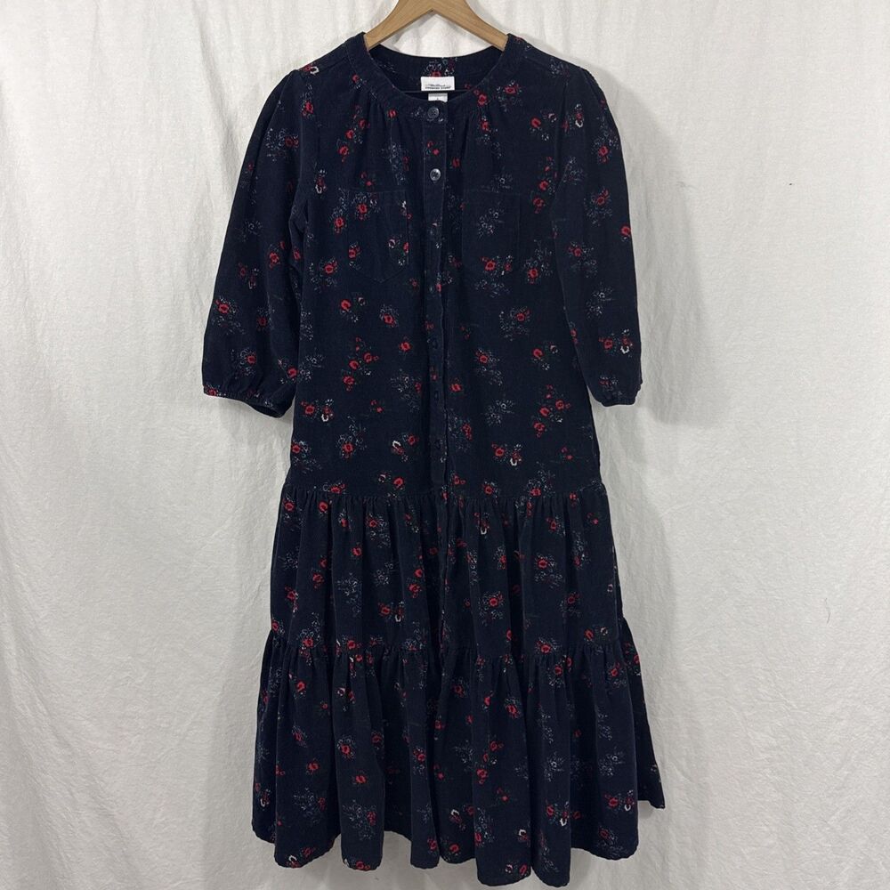 The Vermont Country Store Blue Floral Corduroy Tiered Peasant Dress Sz S Cotton